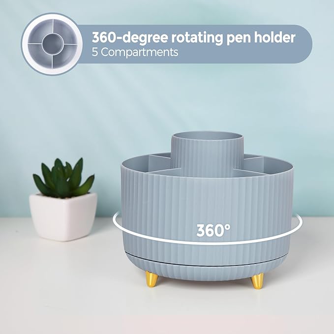 SKYDUE Desk Organizers and Accessories 10Pcs, 360-Degree Rotating Pen Holder, Stapler, Staple Remover, Tape Dispenser,2pcs Tape Refills, Binder Paper Clips Kit, Scissor (Blue)