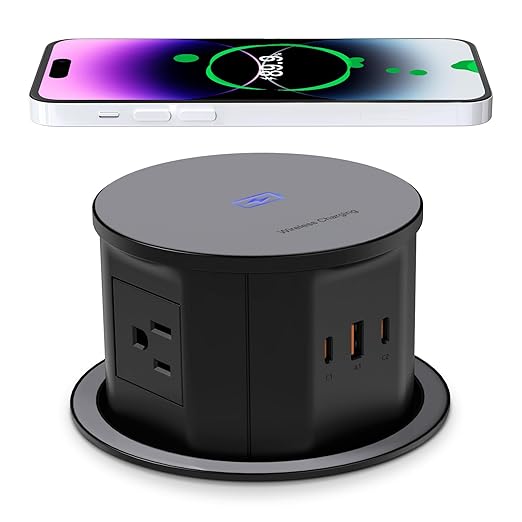 ANNQUAN 4.75" Pop Up Outlet with 65W USB-C,15W Wireless Charger,4 Outlets,3 USB Ports,Pop Up Countertop Receptacle Outlet for Home Office Kitchen