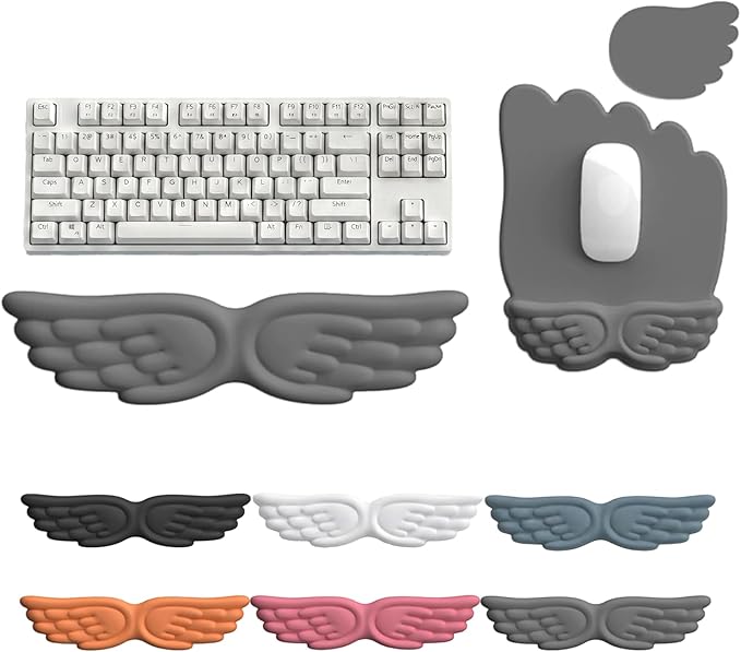 Angel Wing Keyboard Wrist Rest Set, 3 Piece Cloud Wrist Rest for Computer Keyboard with Mouse Wrist Rest and Coaster, PU Leather Memory Foam Wrist Support for Office, Home and Gaming (Grey - A)