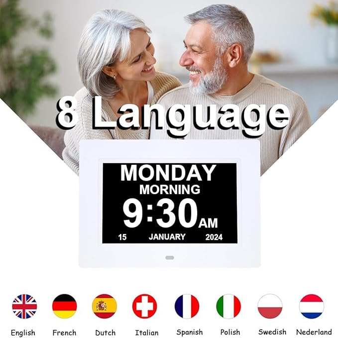 7 Inch Extra Large Day Date Time Digital Day Calendar Clocks with Auto-Dimming 12 Alarm Reminders Dementia Clock for Senior Elderly impaired Vision Memory Loss