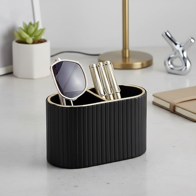 KINGFOM PU Leather Desk Organizer Pen Holder – Dual-Compartment Stylish Pencil Cup Remote Control Holder Desktop Supplies and Accessories Organizer Caddy for Office Home School (Black)