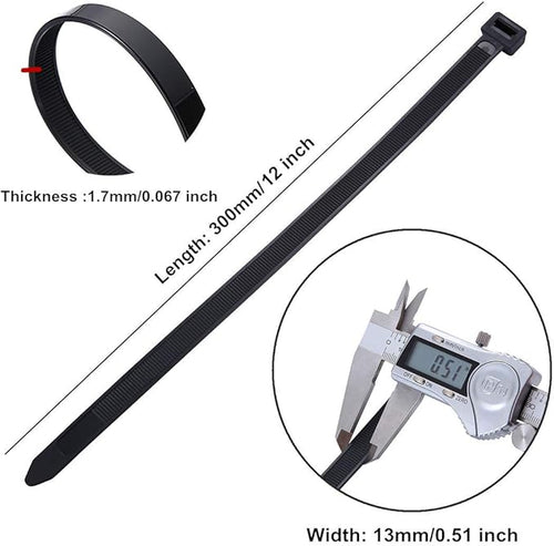 60 Piece Multi-Purpose Ultra Heavy Duty UV Cable Ties,11.8 Inch Width 0.51 Inch, 250 lbs Tensile Strength,Non-metal bands,Black