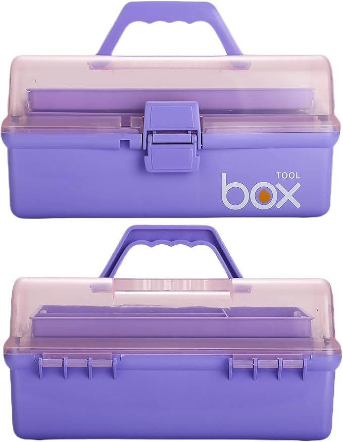 2PCS 12'' Three-Layer Clear Plastic Storage Box/Tool Box, Multipurpose Organizer and Portable Handled Storage Case for Art Craft and Cosmetic (Purple)