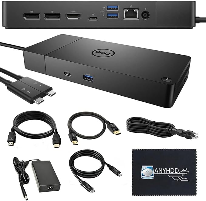 UD22 Dell Docking Station Dual Monitor Bundle - USB-C/USB-A Universal Dell Dock for Laptops Comes with 130W Adapter + ANYHDD HDMI, DisplayPort, USB-C Cables & Cloth - Supports Dual/Triple/4 Monitors