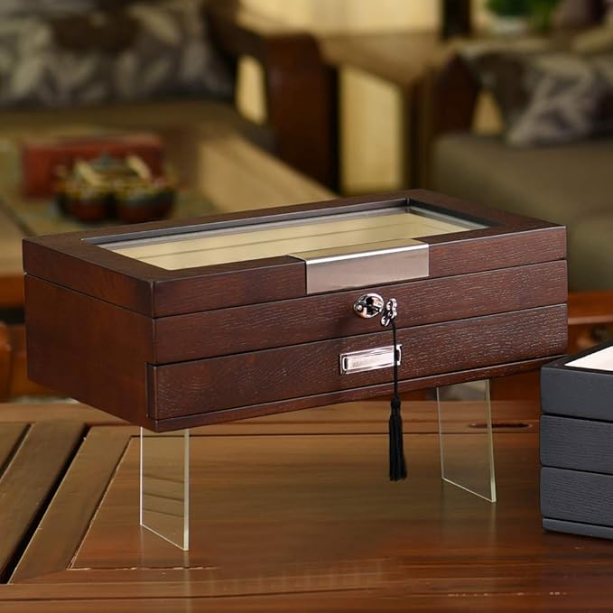 Wood Pen Organizer Box 24 Slot Fountain Pen Display Case with Drawer, Top Glass Window and Lockable Pen Collection Storage Box for Men Gift (24 Slots - Brown w Cream Velvet)
