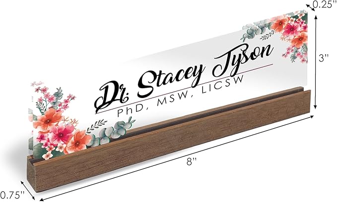 Artblox Personalized Office Desk Name Plate and Business Card Holder | Clear Acrylic Glass with Teak Wood Stand | Mixed Flowers Design Customized with Your Name and Credentials Office Desk Decor