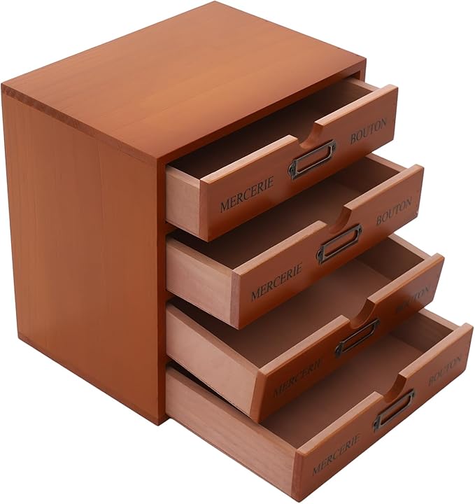 Stackable Wooden Desk Organizer with 4 Drawers Retro Brown Modular Storage Boxes for Home Office, Makeup, Stationery - No Assembly Required
