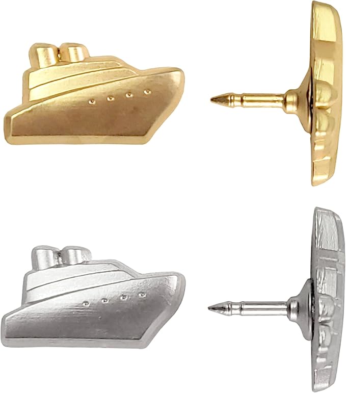 Cruise Ship Push Pins - Gold Metal Cruise Ship Pins - for Cork Board, Maps, or Lapel Pin Use - Designed in USA - Set of 10