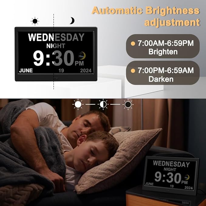 CAZOKASI Extra Large Impaired Vision Digital Alarm Clock with Day and Time for Elderly Calendar Clock Auto Dimmable Clock (10.1 Inch Black)