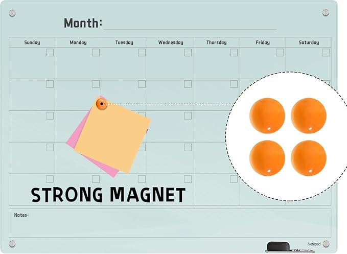 Magnetic Glass Dry Erase Board Calendar- White Board 48 x 36 Inch Wall Mounted Monthly Whiteboard, Large Frameless Glass White Board for Wall Office, Home & School