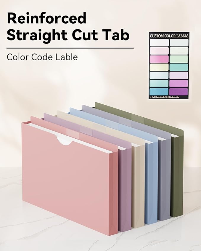 ANSOOK Plastic File Jackets File Pockets,1" Legal Size Manila File Folder,12 Pack Project File Folders,Heavy Duty Manila Pocket Folder for Cabinet,Assorted Colors Manila Job Folder for Office School