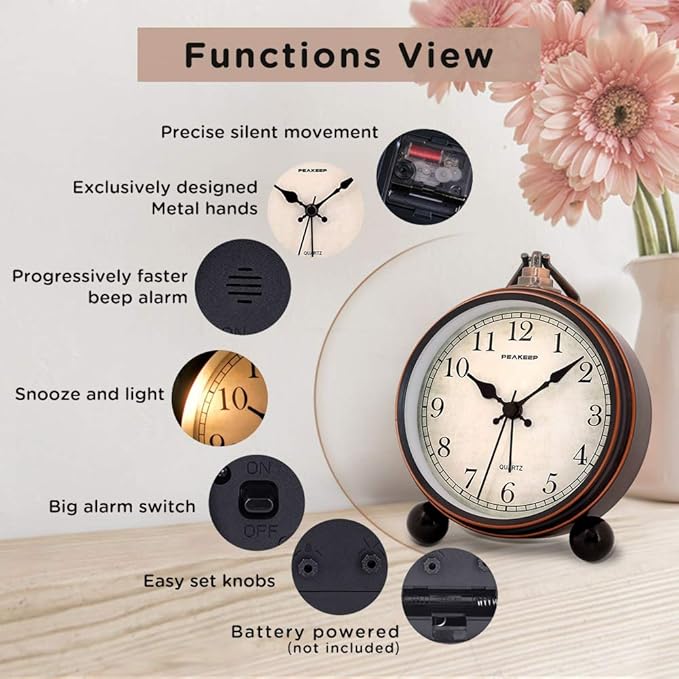 Peakeep 4" Small Battery Operated Antique Retro Analog Alarm Clock with Contour Lines in Gold for Room Decors, Silent Elegant Bedside Desk Gift Clock