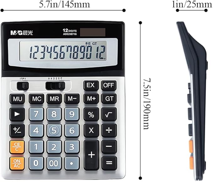 M&G Desk Calculator 12 Digit Extra Large LCD Display Calculators, Dual Solar Power and Battery, Battery Included, Metal Panel Comfort Button Calculator for Office Home
