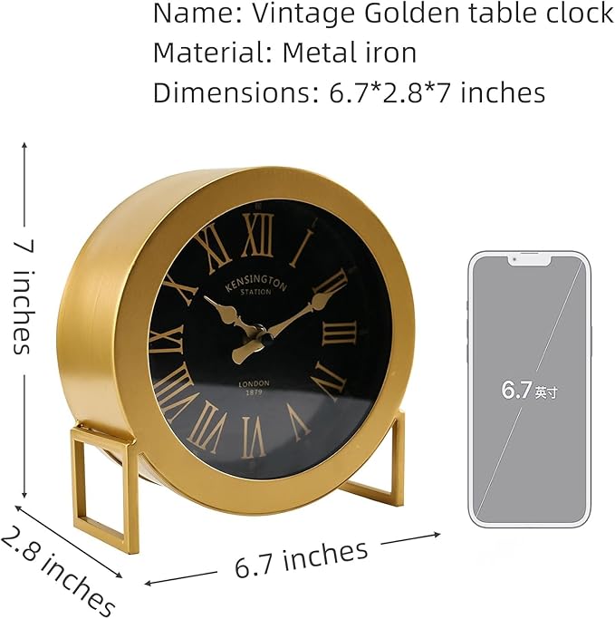 YOUKI Vintage Desk Clock, Small Gold Table Clock, Silent Non-Ticking Classic Battery Operated Decorative Mantel Desk Shelf Clock for Living Room Decor