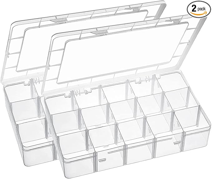 15 Large Grids Plastic Organizer Box with Dividers, 2 Pack Clear Compartment Container Storage for Washi Tapes Beads Crafts Jewelry Fishing Tackles, Size 11 x 6.3 x 2.2 in