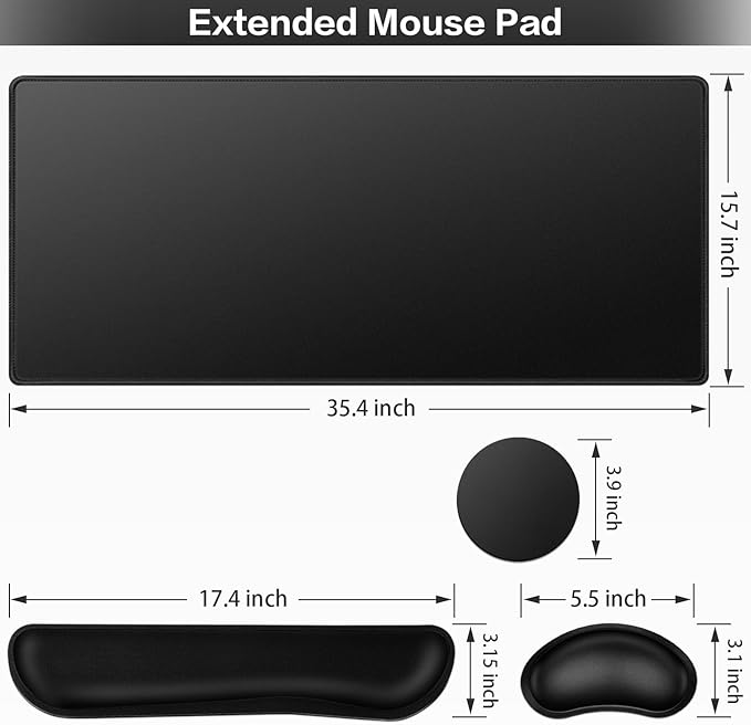 Mouse Pad Black, Mouse Pad with Wrist Rest, 4-in-1 Large Mousepad+Keyboard Wrist Rest+Mouse Pad Wrist Support+Cup Pad Set,Ergonomic Anti-Slip,Memory Foam Desk Mat for Home Office Gaming(35.4×15.7in)