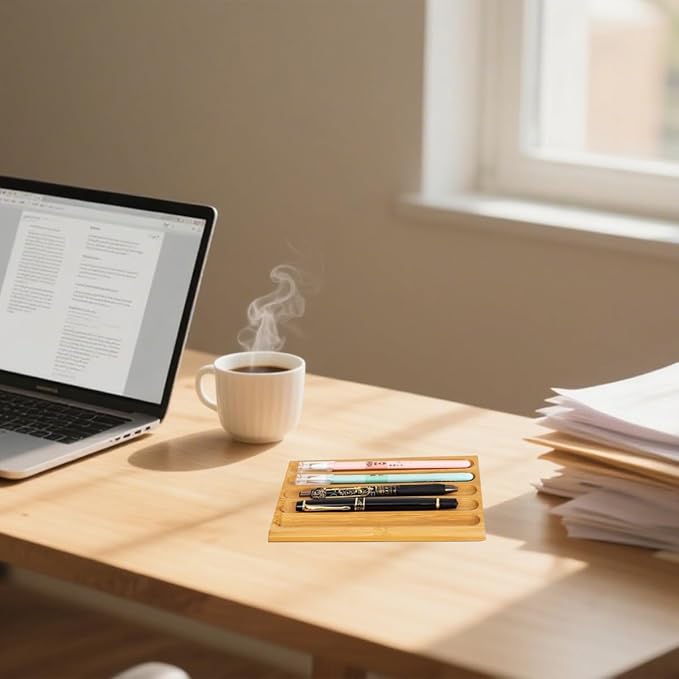 Pen holder Organizer of Office desks,Walnut Desk Pen Stand,Wave Pen TrayOffice Accessory,Teacher Gifts,Suitable for School,Home,Office Desktop Art Accessories (Log-3 Grid)