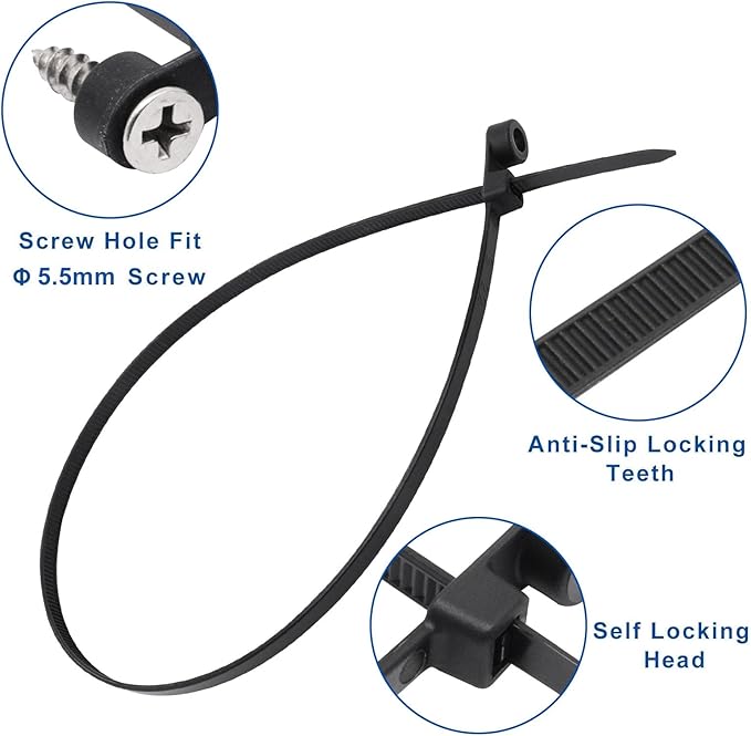 Zip Ties with Screw Hole, 100 Pcs Mountable head Cable Tie Multipurpose Heavy Duty Nylon Zip Tie for Indoor and Outdoor (15.7 inch, 50lbs)