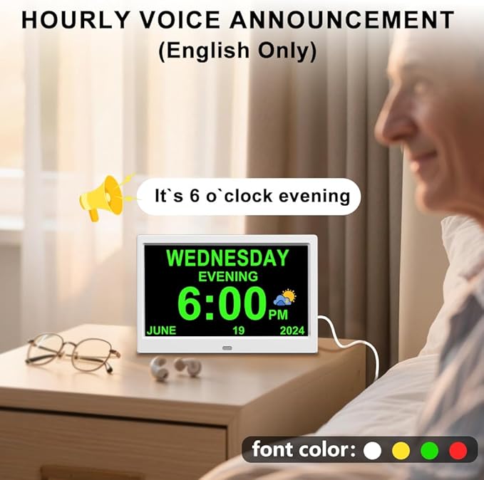CAZOKASI Extra Large Impaired Vision Digital Alarm Clock with Day and Time for Elderly Calendar Clock Auto Dimmable Clock (10.1 Inch White)