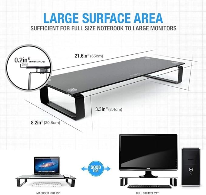 Eutuxia Type-S Black Tempered Glass Monitor Stand, TV, Laptop, Computer, All-In-One Desktop, Printer Riser [21.75 x 8.25 x 3.25 Inches]