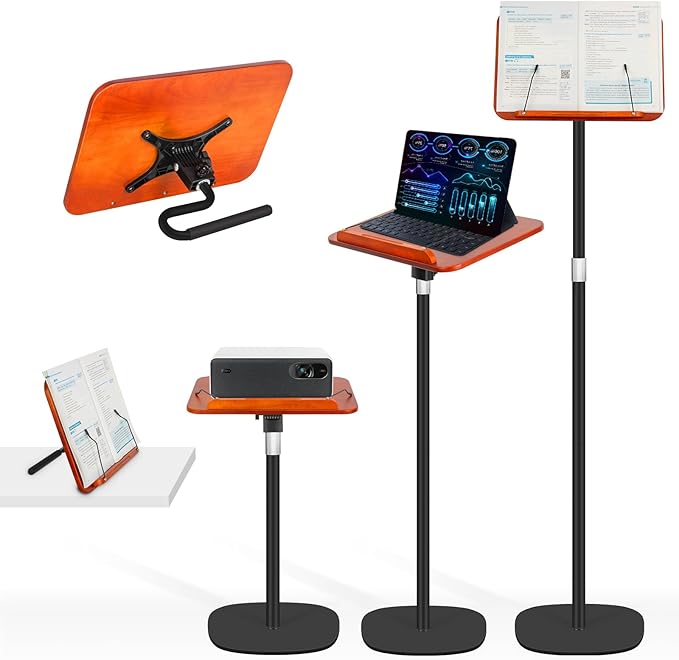 2-in-1 Floor Standing Book Stand, Foldable Book Holder for Reading with Page Clips, 19"–51" Height Adjustable, Sturdy Podium Stand for Reading, Bible, Laptop, Cookbooks, or Projector，Black