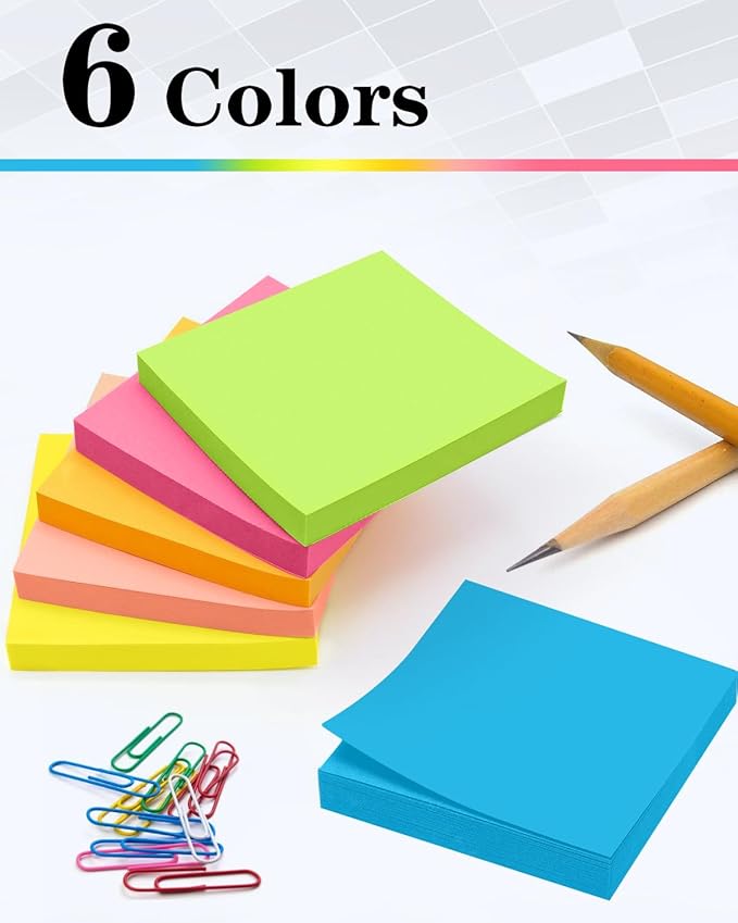 Weliu Sticky Notes 3x3 Inches, Self-Stick 48 Pads Bulk, 100 Sheets/Pad, 6 Bright Colors, Adhesive Notes for Home, School, Office, Use on Walls, Doors, Windows