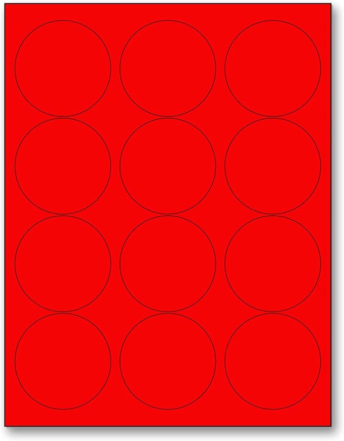 NextDayLabels - 8-1/2 x 11 Neon Color High Light Fluorescent Labels for Laser & Inkjet Printer (RED Fluorescent, 2.5" Round - 12 Per Page | 300 Labels)