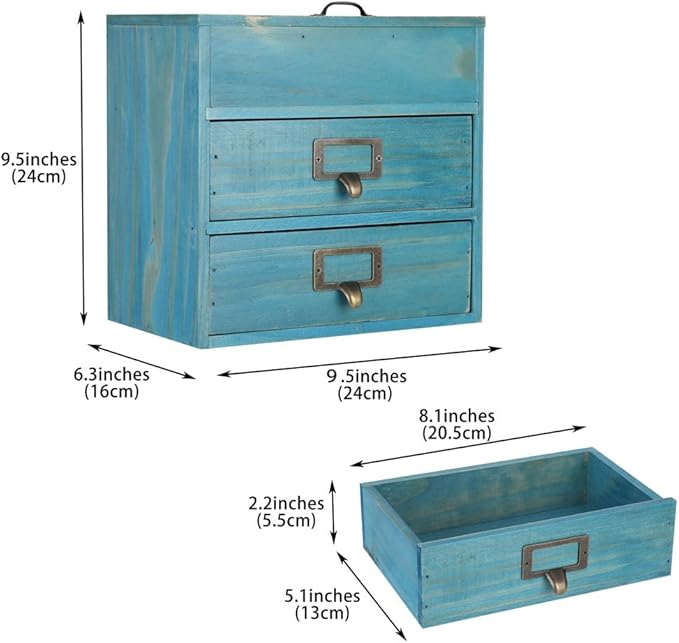 Wooden Storage Box Wooden Desk Organizer with 2 Drawers and 6 Grids Apothecary Drawers Small Wooden Drawers Small Craft Storage Containers Jewelry Holder for Women(Glass Blue02)