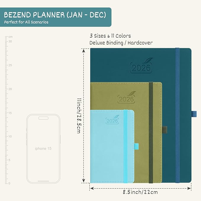 BEZEND 2026 Planner Weekly and Monthly (8.5" x 11") Daily Calendar with Hourly Timeslots & Tab (Jan-Dec) Note & Expenses, Pen Holder, Inner Pocket, Vegan Leather Hardcover - Sky Blue