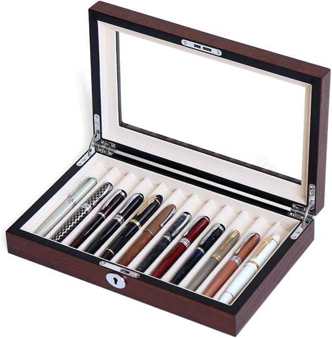 12-Slot Fountain Pen Collector Case – Lockable Wooden Organizer with Glass Display Top, Premium Storage Box for Writing Instruments and Gift for Men