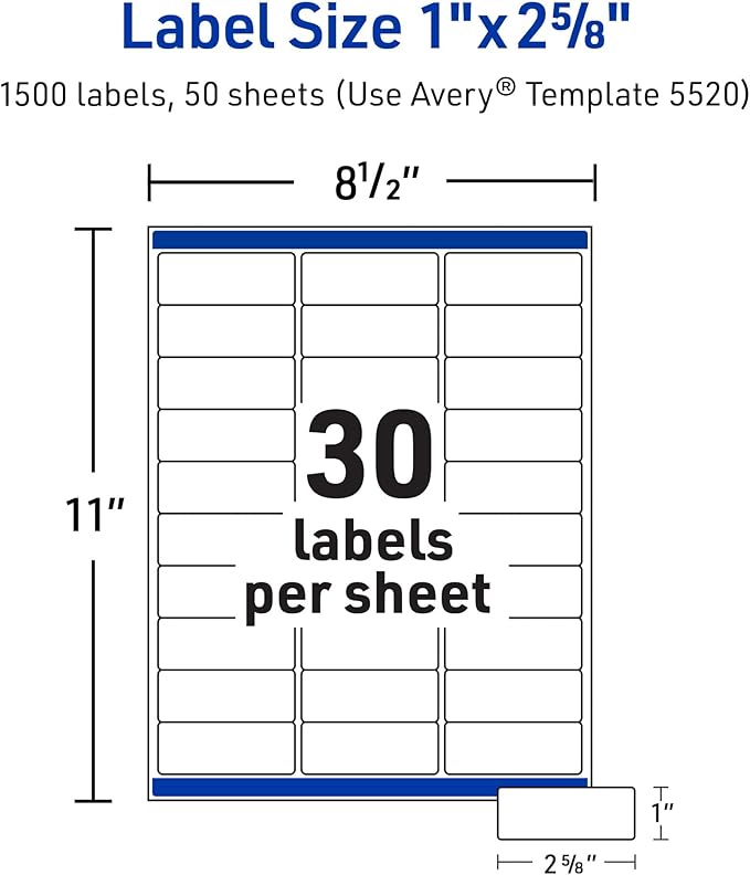 Avery Waterproof Sticker Labels for Printer - 1" x 2-5/8" Mailing Labels, Ultrahold Permanent Adhesive, Laser Printers, 1,500 Printable Avery Address Label Sheets (5520)