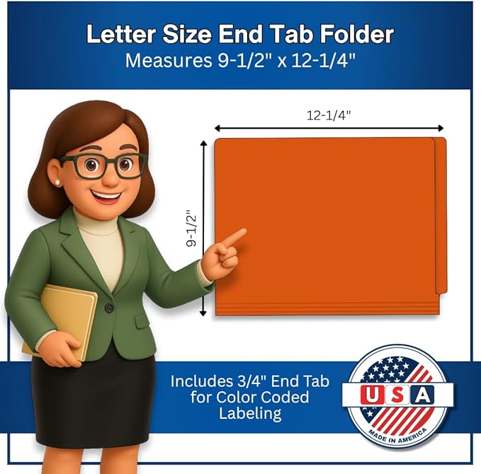 Orange File Folders, USA Made, Doctor Stuff, One 2" Bonded Fastener Top Right Position 1, Durable 11pt, Reinforced End Tab File Folders with Prong, Medical Chart/Patient Chart, 50/Box