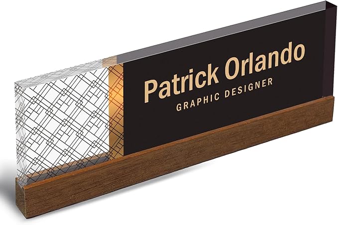 Artblox Personalized Office Desk Name Plate and Business Card Holder | Clear Acrylic Glass with Teak Wood Stand | Abstract Net Design Customized with Your Name and Credentials Office Desk Décor