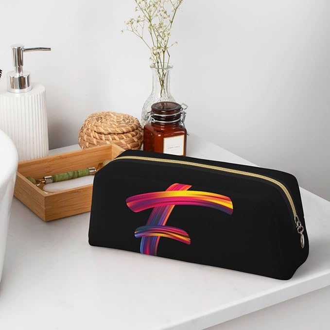 Cute Initial Pencil Case for Kids Simple Leather Pencil Pouch for Boys Girls Letter Design Pencil Box Pen Bag Pencil Pouch Office Stationery Organizer, Rainbow Letter F