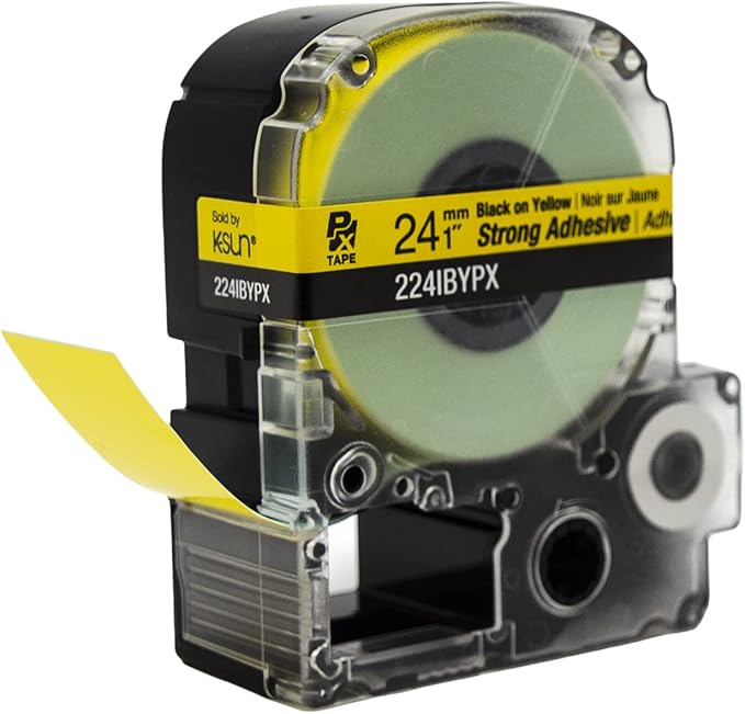 Epson LABELWORKS 224IBYPX Genuine PET (Polyester) Tape Cartridge - Black on Yellow Strong Adhesive Standard Industrial Label Maker Tape - 1" (24MM) Wide, 30'