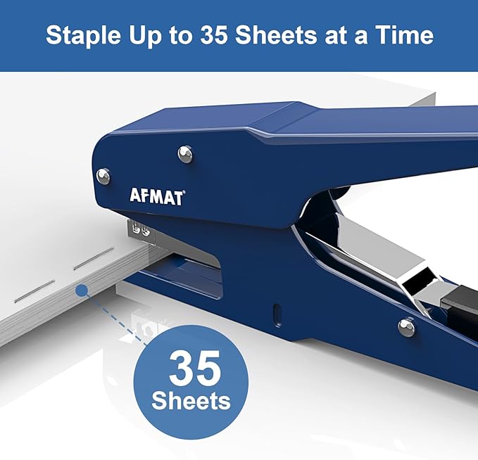 AFMAT Effortless Plier Stapler, Metal 35 Sheet Stapling Plier, 15000+ Stapling Times, with Staples & Reload Button, Handheld Stapler Heavy Duty, Space Save Size, Good for Office, Home, School, Blue