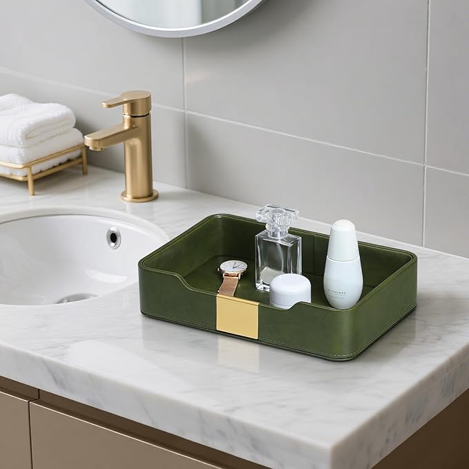 10.2" x 6.7" Nightstand Organizer Tray with Gold Accent, Decorative Valet Trays Cologne Organizer for Men, Key Bowl Perfume Trinket Tray for Dresser Bedside Entryway Table (Dark Green)