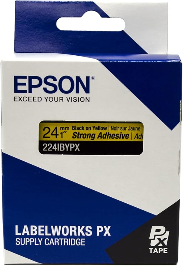 Epson LABELWORKS 224IBYPX Genuine PET (Polyester) Tape Cartridge - Black on Yellow Strong Adhesive Standard Industrial Label Maker Tape - 1" (24MM) Wide, 30'