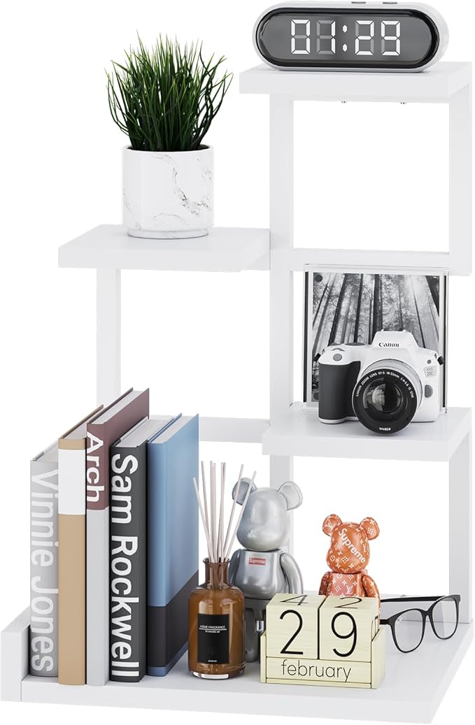 YMYNY Desktop Shelf Organizer, 4 Tier Storage Display Rack, Desk Shelf Organizer Small Bookshelf with Metal Frame for Office, Books, Plants, 12.2" x 9.45" x 17.52", White UHSR007W