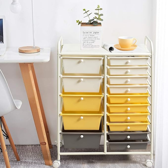 ARLIME 15-Drawer Storage Cart, 15 Drawer Trolley, Rolling Organizer Cart, Scrapbook Paper Organizer, Suitable for Office and School, Rolling Office Storage Tools (Yellow&White&Grey)