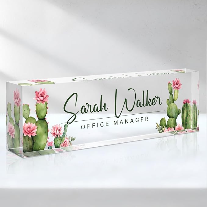 Custom Name Plate for Desk - Desk Name Plate Personalized - Office Desk Accessories - Employee Teacher Appreciation Gifts for Coworkers - Acrylic Cactus Office Desk Decor - Office Gifts for Women Men