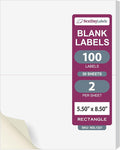 NextDayLabels 8.5x5.5 Half Sheet Stickers White Blank Labels for Laser Inkjet Printer - 2 Per Page Self-Adhesive Shipping Packaging Product Made in USA - 100 Labels