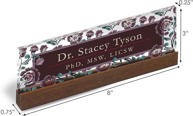 Artblox Personalized Office Desk Name Plate and Business Card Holder | Clear Acrylic Glass with Teak Wood Stand | Vintage Design Customized with Your Name and Credentials Office Desk Décor
