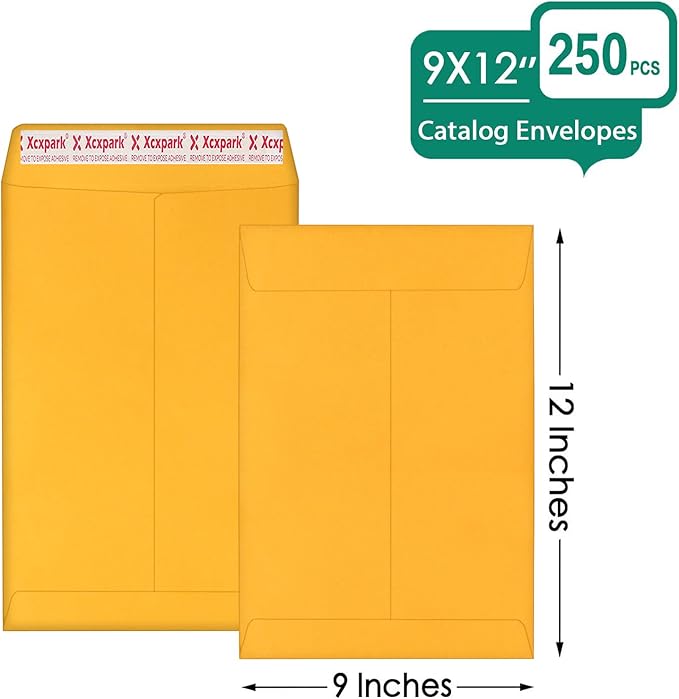 Xxcxpark 250 PCS 9x12 inches Security Catalog Envelopes Printable Self Seal Envelopes, Anti Tear brown Kraft Envelopes for Invitation Cards, Pictures, Photos, Documents