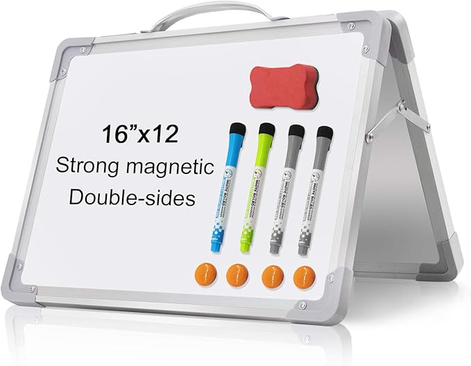 H-Qprobd Small Dry Erase White Board - 16"x 12" Double Sided Mini Foldable Magnetic Desktop whiteboard for Kids Drawing, Teacher Instruction and Meeting Discuss