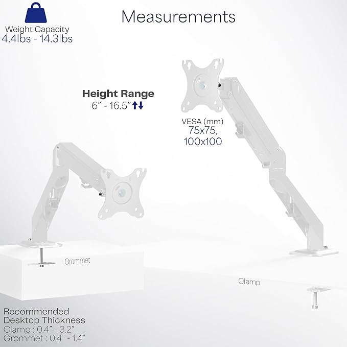 VIVO Heavy Duty Single Monitor Tension Arm for up to 27 inch Screens, Holds 14.3 lbs, Premium Desk Mount Stand, White, STAND-V101OW