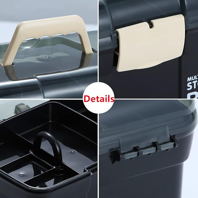 11'' Plastic Box Organizer with Removable Tray, Sewing Organizer, Craft & Art Supply Multipurpose Storage Box for Cosmetic (Black)