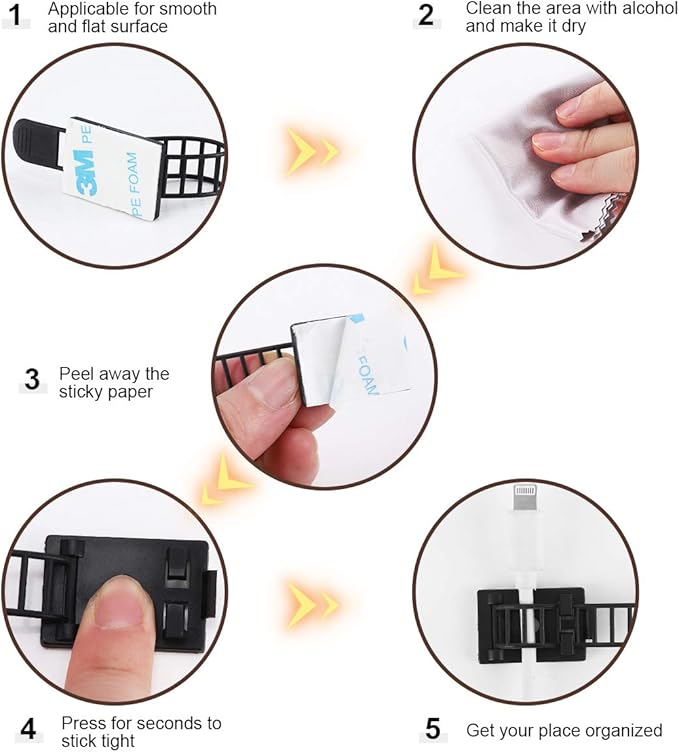 100Pcs Adhesive Cable Management Clips with 50Pcs Zip Ties, Adjustable Nylon Cable Strap Ties Wire Clips Clamps Organizer with Strong Adhesive Tape, Extra Screw & Hole - 3.55 Inch Black