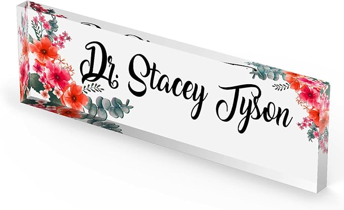 Artblox Personalized Office Desk Name Plate and Business Card Holder | Clear Acrylic Glass with Teak Wood Stand | Mixed Flowers Design Customized with Your Name and Credentials Office Desk Decor