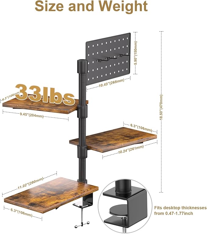 3-Tier Clamp On Desk Shelf, Adjustable 360° Rotatable Above or Under Desk Storage Shelves Holds 33 lbs, Heavy Duty Desktop Organizer with Pegboard Accessories ＆ 3 Hook for Home Office Dorm